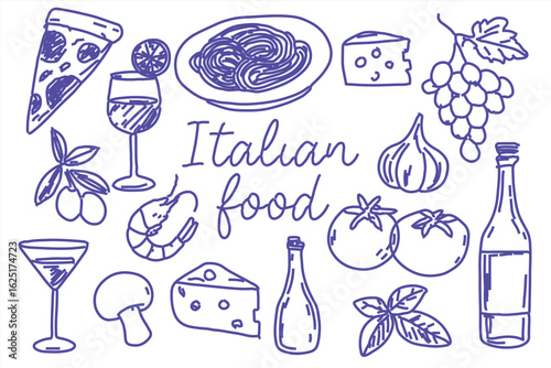 Hand-drawn Italian food doodle set with pizza, pasta, cheese, wine, olives, tomatoes, garlic, grapes, shrimp, and herbs in sketch style for menu designs, restaurant decor, and cuisine themes.

