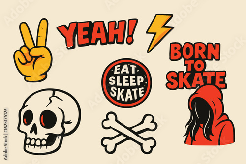 Retro skateboarding sticker set with skull, peace sign, crossed bones, lightning bolt, hoodie figure, and bold phrases like “Born to Skate” and “Yeah” in cartoon vintage style.

