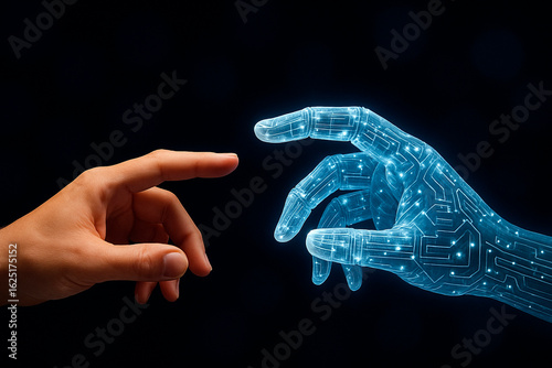 A symbolic connection between human and AI: two fingertips nearly touching, evoking harmony, technology, and transformation.