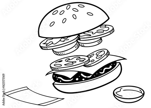 Deconstructed gourmet burger drawing perfect for food art and menus