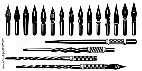 Fountain Pen Nibs and Holders. Vector cliparts isolated on white.