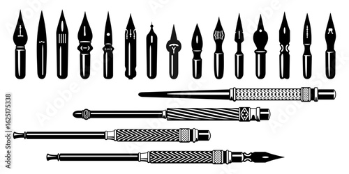 Set of Fountain Pen Nibs and Holders. Vector cliparts isolated on white.