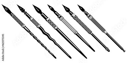 Antique Fountain Pens with Different Nibs. Vector cliparts isolated on white.