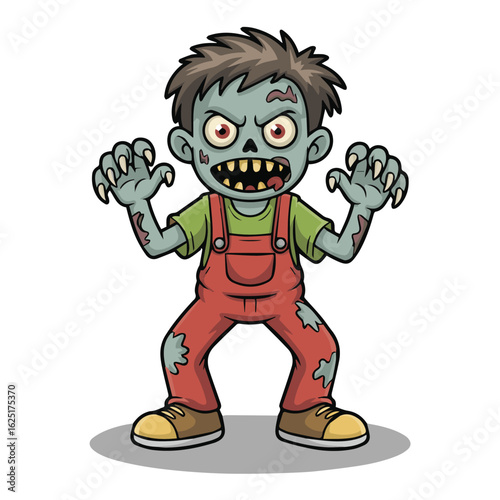 Cartoon zombie character with gray skin and red eyes wearing red overalls and brown shoes standing up straight