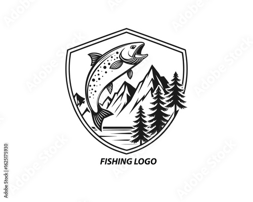 A bold, vintage-style logo depicting a leaping trout against a backdrop of mountains and a forest