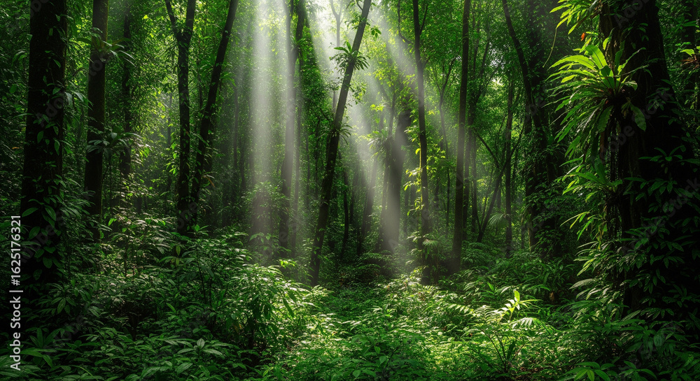 Obraz premium Lush Tropical Forest with Sunlight