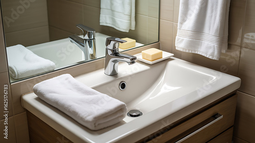 White sink with towels and soap, modern bathroom.

