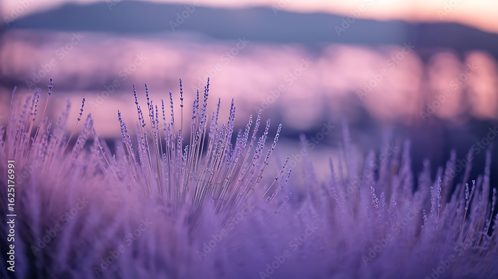 Fototapeta premium Lavender field bathed in soft purple light. 