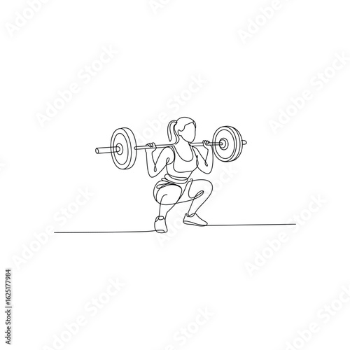 Woman performing barbell squat exercise continuous line drawing fitness