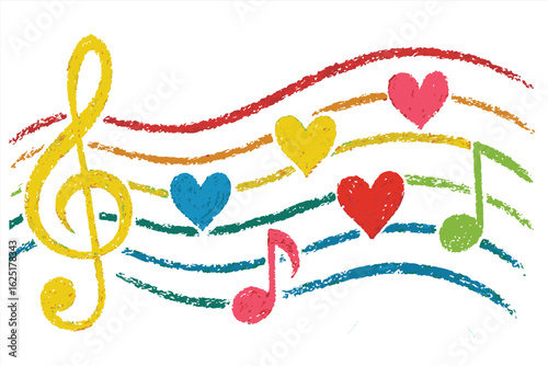 Colorful hand-drawn music notes and hearts on rainbow staff with treble clef, crayon style musical art for children, love songs, creativity, music education and playful design themes.


