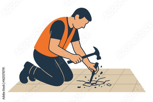 Vector illustration of a construction worker laying tiles in flat style for a building design concept