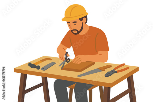 Vector illustration of a cartoon carpenter character in a carpentry workshop sawing a wood board to make wooden furniture, a craftsman working with timber and tools in a studio