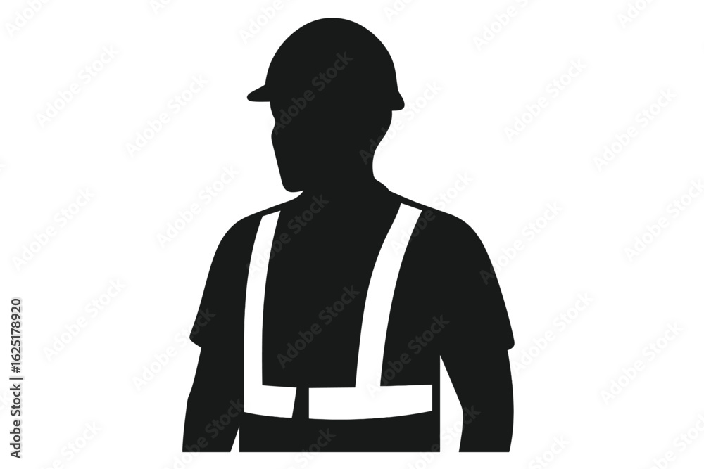 Depiction of a construction worker in a black and white design wearing a hard hat and safety vest Depiction of a construction worker in a black and white design wearing a hard hat and safety vest