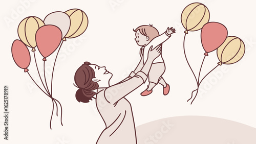 Woman hold her baby with air balloons