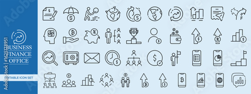 Business, Finance, and Office Outline Icon Set – Corporate, Accounting, Banking, Office Management, and Startup Essentials Vector Pack