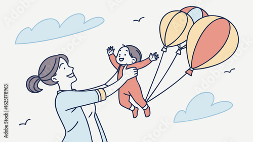 Woman hold her baby with air balloons