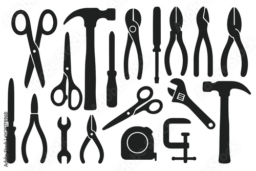Carpenter icon set, featuring thin line vector illustrations of various carpenter's tools