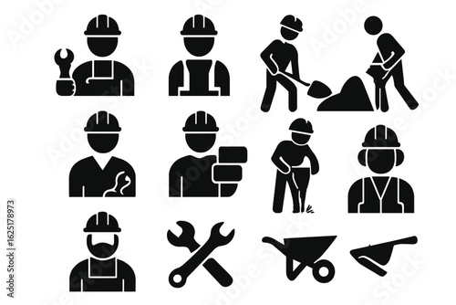 Construction Worker Icon Set, featuring icons for builder, labor, technician, helmet, tools, engineering, repair, mechanic, and industry, in a solid icon collection