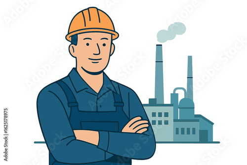 A factory worker wearing a hard hat is positioned in front of industrial buildings, symbolizing manufacturing and labor within the industry sector