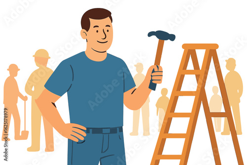 A group of mixed race professional repairmen in uniform are performing house renovation and home maintenance repair services in a full length horizontal isolated vector illustration