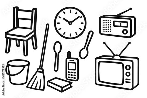 A construction tool set featuring simple line icons for a brush, bucket, drill, mask, and radio
