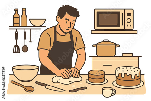 A man kneads dough while preparing homemade bread inside a warm and cozy kitchen