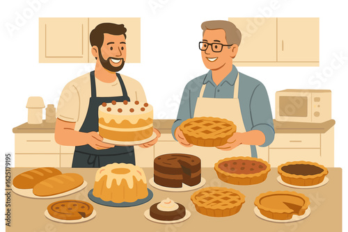 Two bakers, one offering a warm loaf and the other slicing citrus, create a welcoming bakery atmosphere filled with freshly baked goods and vibrant flavours