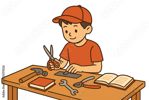 A cartoon boy wearing overalls, a red shirt, and a cap is engaged in a woodworking project