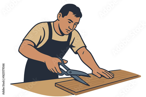 Vector illustration of a carpenter using a saw on a wooden plank, representing carpentry, woodworking skills and manual work