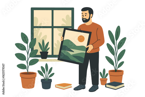 A man is hanging a picture using a level for a home decor art placement project
