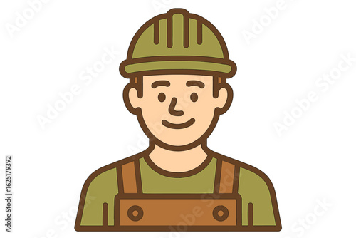 A cheerful animated builder dressed in a light blue work suit with a yellow undershirt and a green safety helmet depicted in a minimalist two-dimensional artistic style