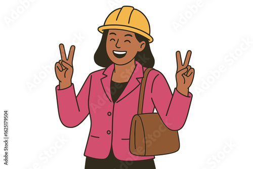 A female laborer in her youth, donning a hard hat and pink jacket, gives a two-fingered gesture