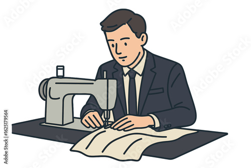 An old drawing depicts a tailor using a sewing machine