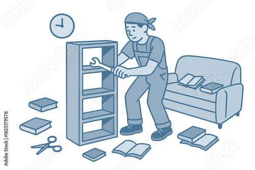 A man is assembling a wooden bookshelf as part of a home improvement project
