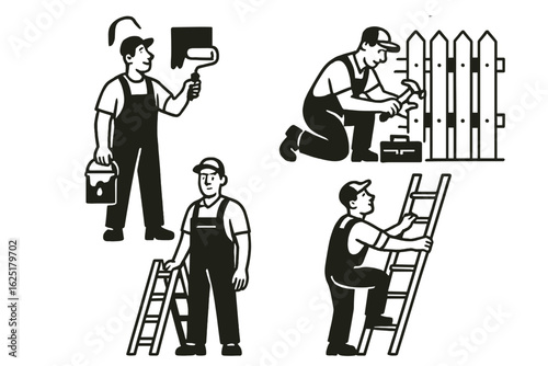 Four silhouette illustrations depict a worker engaged in sweeping, repairing signs, fixing a fence, and painting a fence