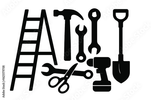 Vector icons of a construction tool set, including a linear safety vest, trowel, tape measure, ladder, and tool box