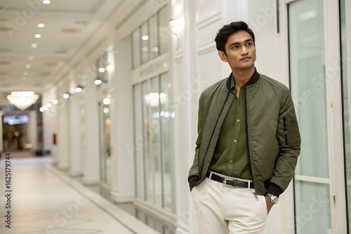 Wallpaper Mural Stylish young man in a bomber jacket and light pants poses confidently in an elegant indoor hallway Torontodigital.ca