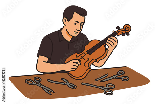 A man meticulously restores a violin using various instruments laid out on a table, fully absorbed in his work