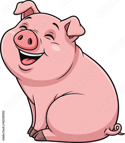 Joyful Pink Piggy Cartoon Character Sitting Happily with a Big Grin