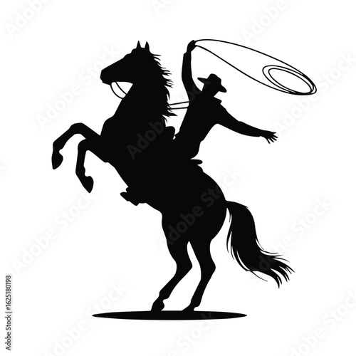Silhouette of a cowboy on a rearing horse holding a lasso in the air in a western scene style