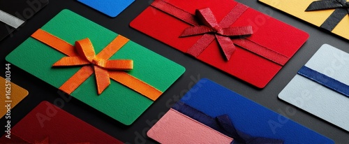 The vibrant display of assorted gift cards with decorative bows.