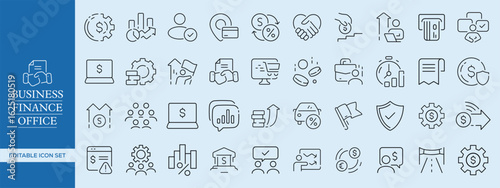 Business, Finance, and Office Outline Icon Set – Corporate, Accounting, Banking, Office Management, and Startup Essentials Vector Pack