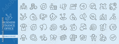 Business, Finance, and Office Outline Icon Set – Corporate, Accounting, Banking, Office Management, and Startup Essentials Vector Pack