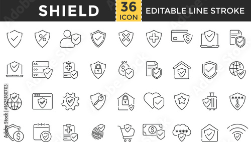 Shield Line Icon Set. Pixel Perfect and Outline Editable Stroke Icons collection for Protection, Guard, Safety, Security, Firewall, Safe, Defense, Antivirus, Lock, Privacy, Secure Access