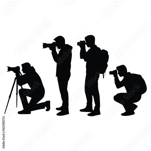 Silhouette of four photographers in various poses holding cameras and taking pictures in black color