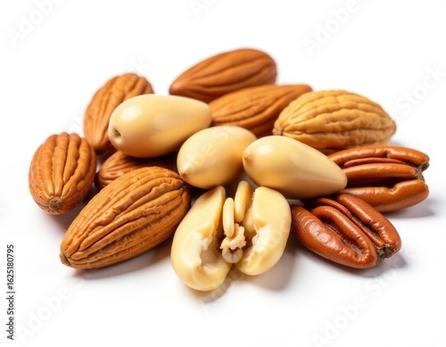 A collection of nuts on a white surface, great for use in still life compositions or as a prop