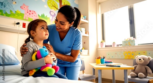 Nurse comforting a young girl in a hospital bed with a toy