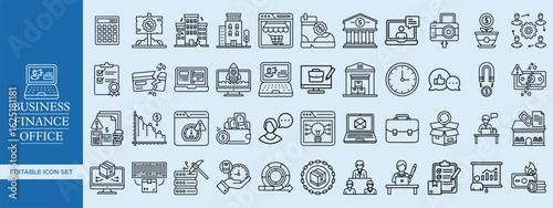 Business, Finance, and Office Outline Icon Set – Corporate, Accounting, Banking, Office Management, and Startup Essentials Vector Pack