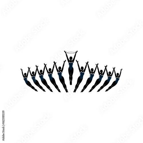 Synchronized swimmers in dark blue swimsuits perform with arms raised synchronized swimming
