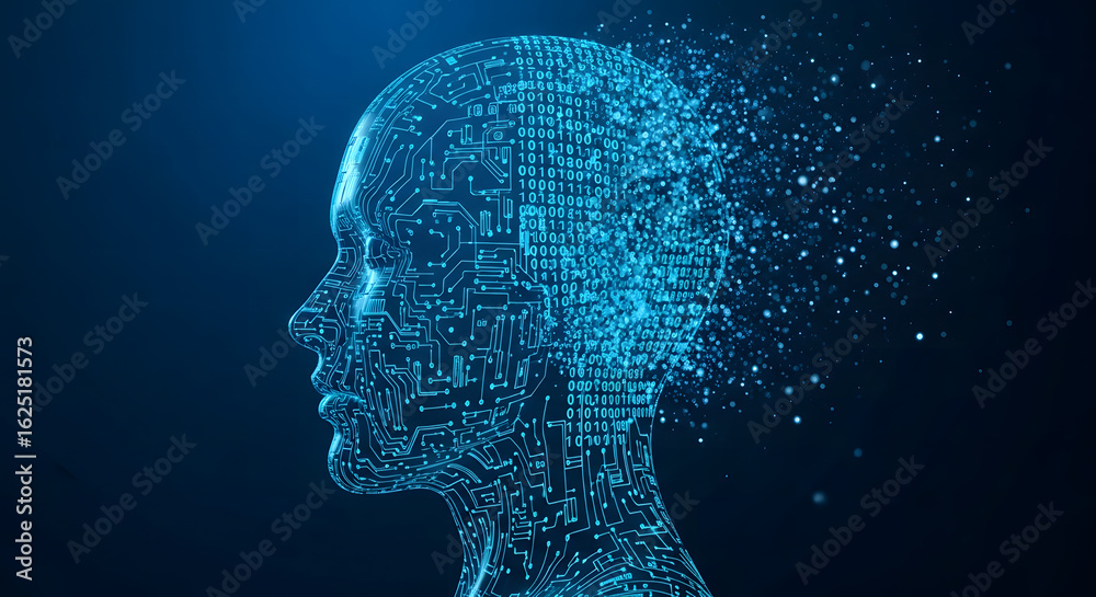 Obraz premium Abstract glowing blue artificial intelligence head with digital network connections